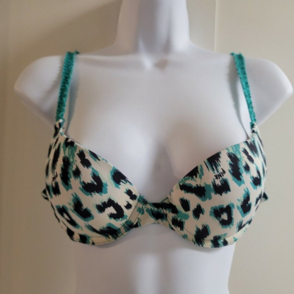 Victoria's Secret Green & White Leopard Print Bra Padded Underwire 34A